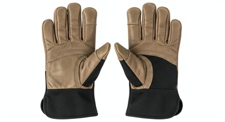 Pair of protective work gloves made of leather and fabric, isolated on white background