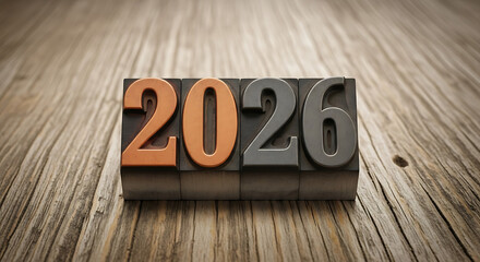 Vintage letterpress printing blocks spelling out 2026 on wood