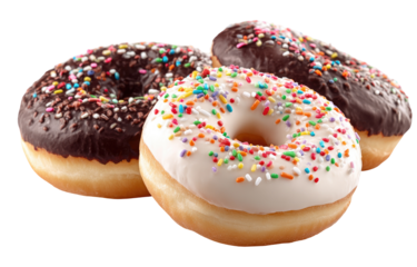 Three glazed donuts, one chocolate, two white iced, with colorful sprinkles