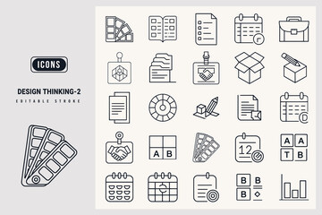 Design Thinking Icon Set Depicting Various Creative Process Elements in Outline Style white background.
