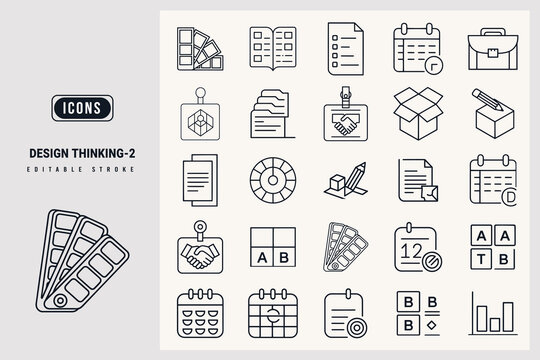 Design Thinking Icon Set Depicting Various Creative Process Elements in Outline Style white background.