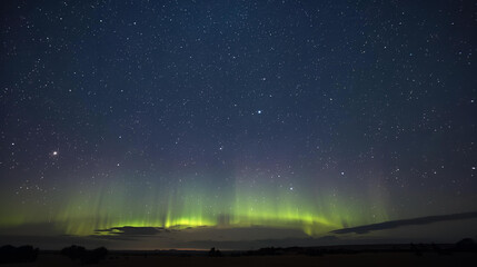 A stunning celestial display of the vibrant green aurora borealis illuminating the starry night sky over a remote landscape