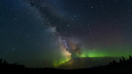 Mystical Aurora Borealis and Milky Way Display Above Treeline Horizon