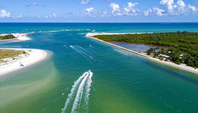 Aerial view of a wide waterway opening to the ocean, showcasing sandy beaches, lush greenery, and a boat navigating the turquoise waters