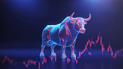 Fototapeta premium Futuristic digital bull representing stock market growth and financial trading success 