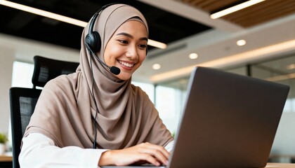 Smiling muslim woman in a hijab wearing a headset working on a laptop. Professional customer service representative in a modern call center office. Online support and communication concept