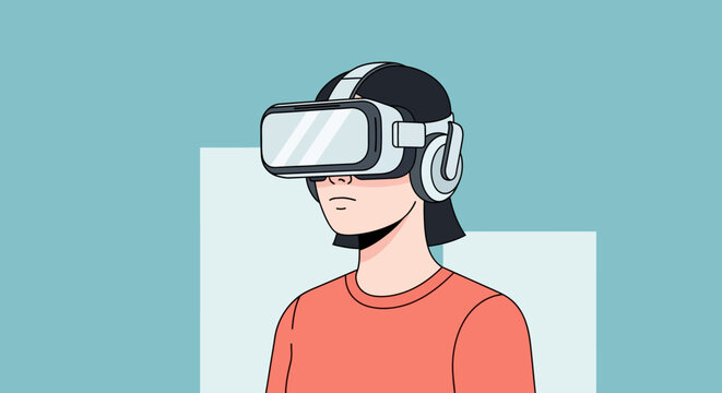 Illustration of a person wearing a virtual reality headset and headphones, immersed in digital worlds