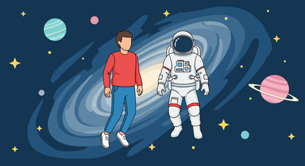 Naklejka premium Astronaut and Person Floating in Galaxy Space Amidst Planets and Stars