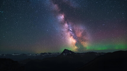 Captivating Milky Way Galaxy Over Mountainous Landscape Under Aurora Borealis