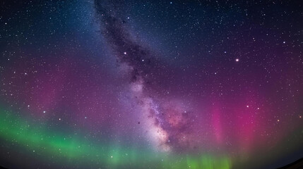 A breathtaking cosmic spectacle of the vibrant green and purple Aurora Borealis dancing with the Milky Way galaxy across a star-filled night sky