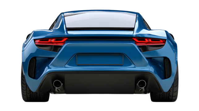 blue sports car rear view, sleek aerodynamic body with spoiler, modern design, isolated on white background