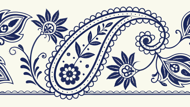 A sapphire blue and cream paisley floral seamless border design