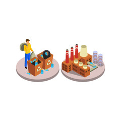 Recycling plant and a person discarding plastic bottles into recycling bins near a factory