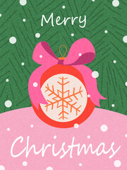 Merry Christmas greeting card. Modern Xmas design with typography and Christmas items. Trendy hand drawn illustration for season banner, poster, cover. 