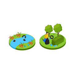 Environmental Protection Concept Cleaning Up a Polluted Park and Water Body Illustration