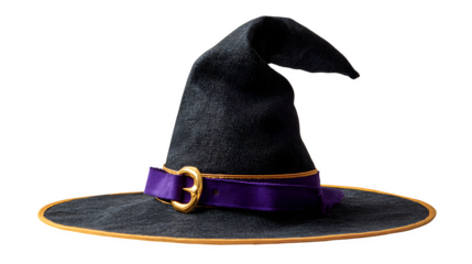 classic witch hat with purple band and gold buckle, Halloween design, isolated on white background
