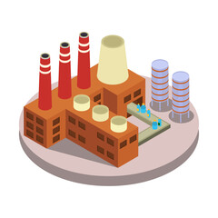 Isometric industrial factory complex with smokestacks and storage tanks, representing manufacturing and production processes