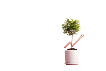 A small potted plant with a rising arrow graphic