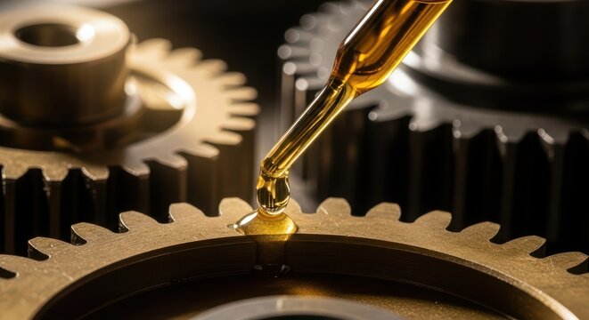 Close up of lubricating oil being applied to gears to reduce friction and wear in machinery and equipment