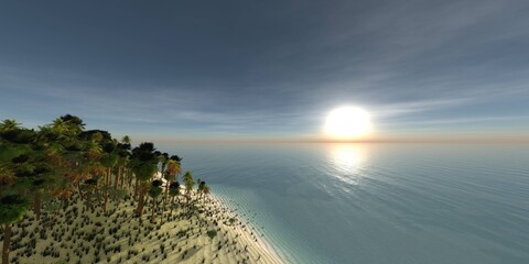 Beautiful beach with palm trees at sunset, panorama of a tropical landscape, sea sunset,
3d rendering