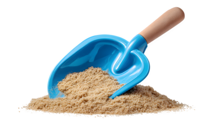 blue plastic sand shovel half-buried in sand, beach toy for children, isolated on white background