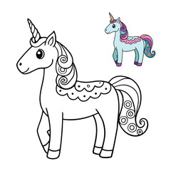 A majestic unicorn illustrated in intricate zentangle style, filled with elegant patterns and swirls, perfect for a relaxing and creative coloring page experience.
