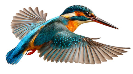 Fototapeta premium colorful kingfisher flying midair with vivid plumage, hunting pose, isolated on white background