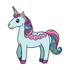 A majestic unicorn drawn in zentangle style, filled with intricate patterns and swirling lines, blending fantasy and art in a mesmerizing, detailed design.
