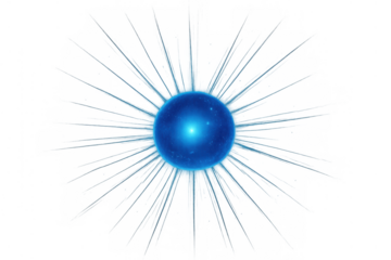 Blue energy orb radiating light beams, creating a futuristic digital glow particle, transparent background element