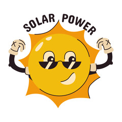 Groovy cartoon sun character flexing its muscles, representing strong solar power energy concept