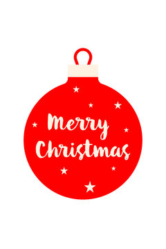 Festive red Christmas ornament with Merry Christmas typography and stars. Holiday decoration bauble PNG for winter celebrations, cards, gift tags, invites, festive graphic design. High resolution PNG