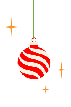 Colorful Christmas ornament with red and white stripes hanging on a green string with stars. Fun holiday bauble clipart for Xmas cards, wrapping paper, gift tags, decor, festive seasonal design. PNG