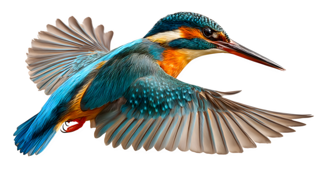 colorful kingfisher flying midair with vivid plumage, hunting pose, isolated on white background