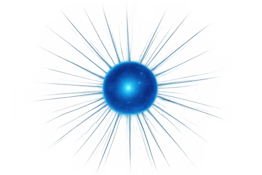 Blue energy orb radiating light beams, creating a futuristic digital glow particle, transparent background element