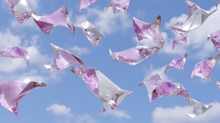 Colorful translucent origami shapes floating against a blue sky