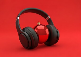Naklejka premium Black headphones cradle a shiny red christmas ornament against a matching red background, creating a festive and modern holiday scene