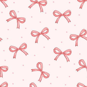 Seamless pink bow pattern with polka dots on light pastel background, cute kawaii ribbon design, romantic girly wallpaper and fabric texture for wrapping or decoration.