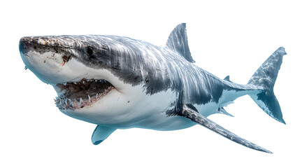 great white shark underwater with open jaws, dynamic hunting pose, isolated on white background