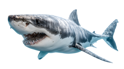 great white shark underwater with open jaws, dynamic hunting pose, isolated on white background
