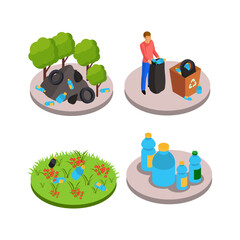 Isometric illustrations depicting plastic waste pollution, responsible recycling efforts, and environmental preservation awareness