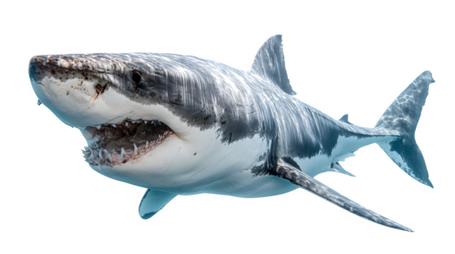 great white shark underwater with open jaws, dynamic hunting pose, isolated on white background