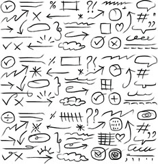 Collection of hand drawn doodle arrows symbols and shapes on white background