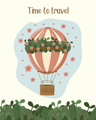 Cute illustration of a hot air balloon decorated with flowers and leaves. &ldquo;Time to travel&rdquo; quote above. Perfect for travel posters, greeting cards, children&rsquo;s design, and adventure themes.