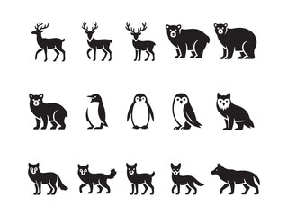 Fototapeta premium Animal Icons: A collection of diverse animal icons in monochrome silhouette, featuring a variety of wildlife species. Perfect for design projects.