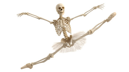 dancing skeleton in ballet pose, spooky and humorous Halloween theme, isolated on white background