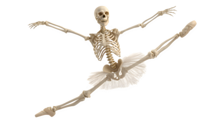dancing skeleton in ballet pose, spooky and humorous Halloween theme, isolated on white background