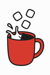 A vibrant red mug filled with splashing dark liquid possibly coffee or hot chocolate with three ice cubes hovering above the beverage suggesting a refreshing cold drink