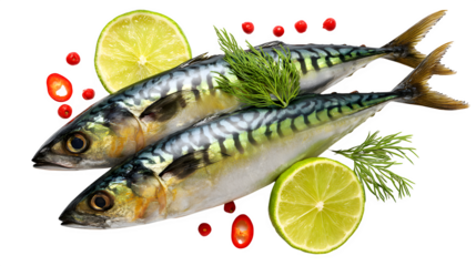 grilled mackerel fish served with lime slices and red pepper rings, realistic food photography, isolated on white background