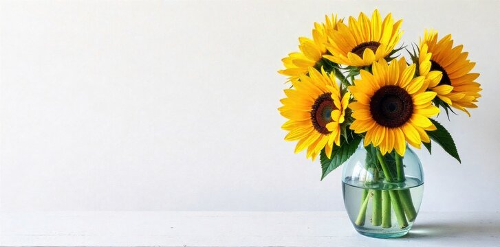 Minimalist Sunflower Bouquet in Clear Glass Vase on White Background A minimalist bouquet of bright sunflowers in a clear glass vase. Isolated on a pure white background. Studio lighting. No people or - Powered by Adobe
