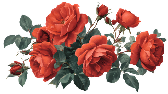 bouquet of red roses with green leaves and thorns, romantic floral composition, isolated on white background